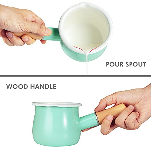 Enamel Milk Pan, Mini Butter Warmer 4 Inch 550Ml Milk Pot Half Quart Saucepan Small Enamelware With Wooden Handle For Heating Milk, Melting Butter, Boiling Water #TOP3