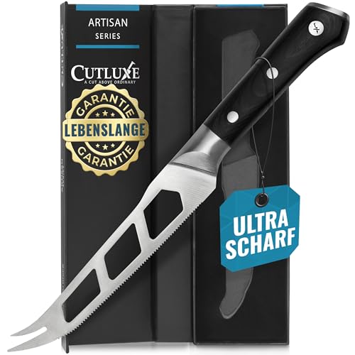 Cutluxe Käsemesser 13 cm für Weich und Hartkäse – Gabelspitze, Gezackt und Antihaftklinge – Hochwertiger Deutscher Karbonstahl – Volltang und Ergonomisches Griffdesign – Artisan Serie