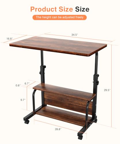 Portable Rolling Desk on Wheels Adjustable Height Desks for Small Spaces, 32" Computer Desk with Storage Shelves for Home Office Rustic - Image 4