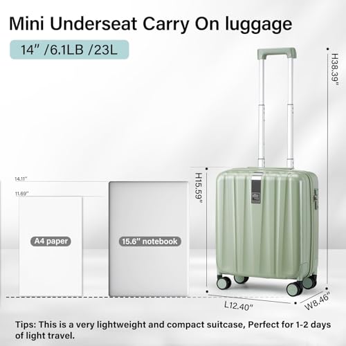 Image of Hanke 14 Inch Underseat Carry On Luggage with Wheels Hard Shell Suitcases Carry On Bag Lightweight Small Mini Suitcase Travel Luggage for Travel（Bamboo Green）