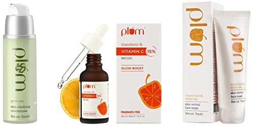 Image of Plum Green Tea Skin Clarifying Concentrate, 30ml&Plum 15% Vitamin C Face Serum&Plum Skin Revival Face Wash, Chamomile and White Tea, 75ml