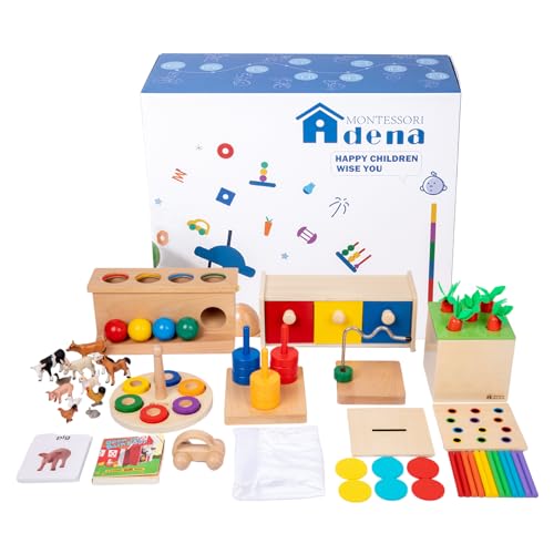 Image of Adena Montessori Play Kit for 13-15 Month Baby,10 in 1 Wooden Learning Educational Toys for Toddler,Include Color Pegs&Rings,Object Permanence Ball Push and More,Christmas Birthday Gift for Boys Girl