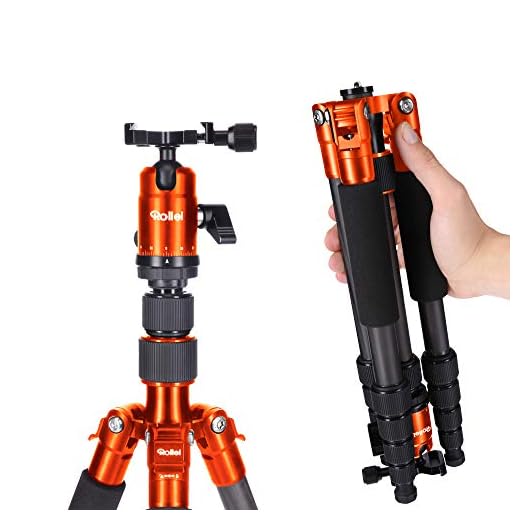 Rollei Compact Traveler No I Carbon I Naranja I Trípode de Viaje Ligero I Trípode fotográfico de tamaño Compacto I Rótula de Bola y Bolsa para trípode