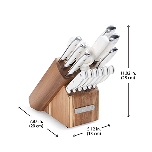 Sabatier 15-Piece Forged Triple Rivet Knife Block Set, High-Carbon Stainless Steel Kitchen Knives, Razor-Sharp Knife Set With Acacia Wood Block, White Handles #TOP2