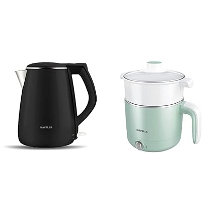 Havells Aqua Plus 1.2 litre Double Wall Kettle / 304 Stainless Steel Inner Body / Cool touch outer body / Wider mouth/ 2 Year warranty & Capture 1.2 Litre Multi Cook Kettle with Steamer 650 Watt