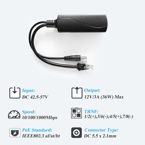 Image of PoE Splitter 2.5G 36W 12V /3A, DC 5.5 * 2.1mm Plug PoE to DC 12V /3A Output, 2.5G Ethernet Comply IEEE802.3bt, Plug and Play (PS5712BG) (Pack of 2)