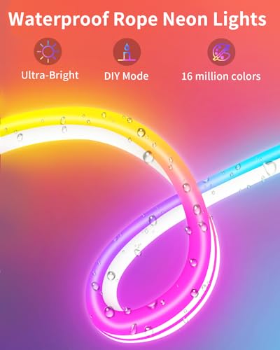 Image of 16.5ft Neon Rope RGB Lights, IP68 Waterproof Flexible Neon Lights, LED Strip Lights for Bedroom, Room Decor for Christmas, Outdoors, Pool B