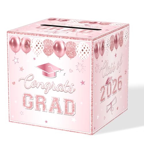 Image of Pink Graduation Congrats Card Box, Class of 2026 Rose Gold Graduation Party Decorations Money Card Boxes Holder, Graduation Gift Card Box for Grad Parties Supplies 8.7 x 8.7 x 8.7 Inch