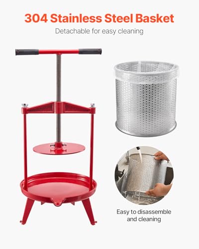 Image of VEVOR 3.69 Gal /14L Fruit Wine Press, Stainless Steel Basket with Cross-beam and Triangular Structure, Manual Juice Maker, Cider Apple Grape Tincture Making Press with T-Handle for Kitchen Home