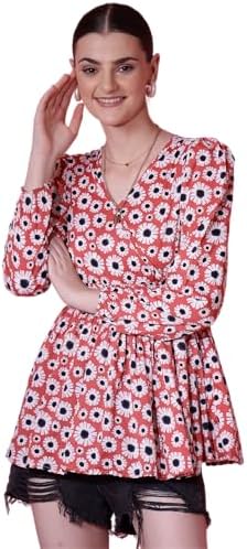 Sheetal Associates Women's Crepe Puff Sleeves Peplum Top with Floral Printed Regular Fit Full Sleeve and V-Neck Maxi Length