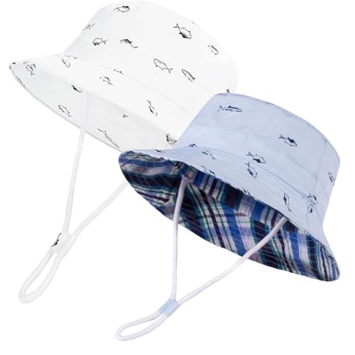 2 Pics Sun Protection Hat for Kids Toddler Boys Girls Wide Brim Summer Outdoor hat Baby Bucket Hat with Chin Strap(Blue Fish+White Fish,54cm(4-8Y))