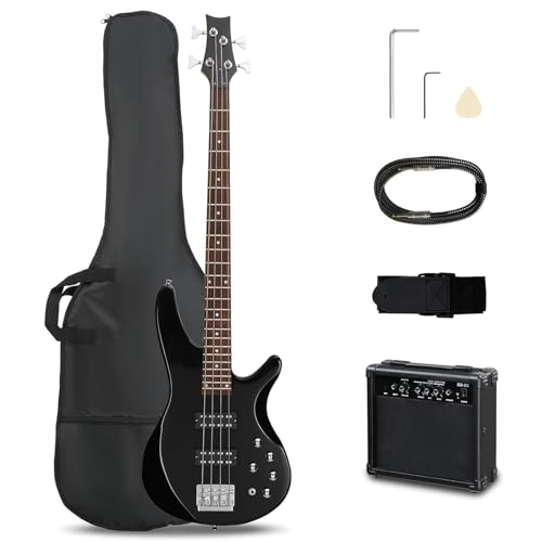 Ktaxon 4 String Electric Bass Guitar, Full Size Standard Right Handed Rosewood Fingerboard Beginner Kit with Cable Wrench Tool (Upgraded Black With AMP)