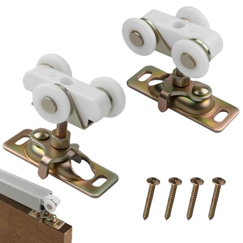 2 Pack 3/4 Inch Pocket Door Rollers Sliding Door Wheels Replacement with Top Hanger for Johnson Part Hardware Kit 3-Wheel Nylon Ball Bearing Wheels Sliding Door Hardware Kits