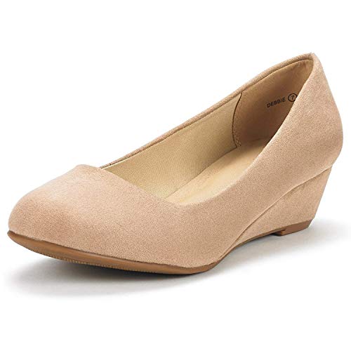 DREAM PAIRS Women's Debbie Mid Wedge Heel Pump Shoes 5.5 Nude Suede
