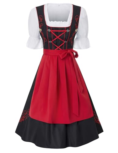 JASAMBAC Damen Dirndl midi 3-teiliges Trachtenkleid Trachtenrock Kleid...