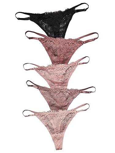 SweatyRocks Women's 5pack Floral Lace Adjustable Low Rise Comfy Underwear Thongs Panty Sets...