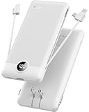 VRURC Portable Charger,Power Bank Built-in Cables and AC Wall Plug, USB C Portable Bank 10000mAh, Travel Essentials Phone Charger Compact External Battery Pack for Smart Phones, Tablets etc-White