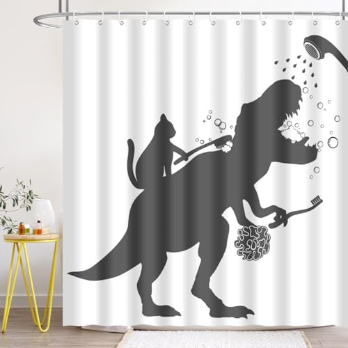 BIYSUC Cat Dinosaur Shower Curtain Funny Cat Help Dino Bathe for Kids Boys Trex Silhouette Shadow Black White Bathroom Waterproof Polyester Fabric 72Lx72W Inch with Hooks