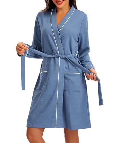 Lovasy Peignoir de Bain Femme Coton Robe de Chambre en Tricot Gaufré à Manches Longues Kimono Doux et Confortable Longueur du Genou Loungewear Col V avec...