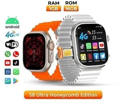 Image of GS29 4G SIM Android Smart Watch Honeycomb Edition with 1.99 Inch HD Display,8GB RAM+128 GB Storage, Play Store, Maps, Sports Modes, Volte Calling & Extra Orange and Black Bands