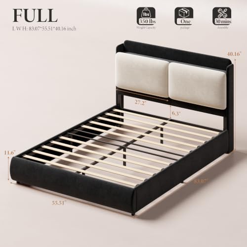 Image of Garvee Chenille Full Size Bed Frame with Recessed Shelf- Black & Beige