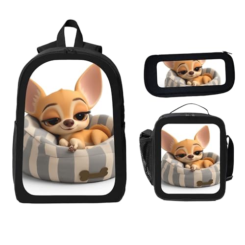 Cute Animal Cartoon Dog Large 3-Piece Backpack Set with Insulated Lunch Box & Pencil Case Waterproof 17 Inches Backpacks Bag Back Packs Pencil Pouch Lunch Bag for Men Women 3 Pcs (Black)2