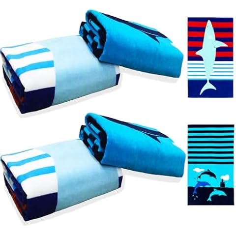 YIFONTIN Beach Towels for Adults, Velour Terry Towels, Extra Large, XL 34”X63”,4 Pieces Set, 100% Cotton for Swimming Bath Camping, Shark Dolphin Stripe. Cover
