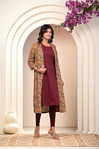 Image of KANNAHI Women Pure Cotton Printed Straight Calf Length Regular Jaipuri Kurta and Shrug Set with Floral Print for Womens & Girls Grey
