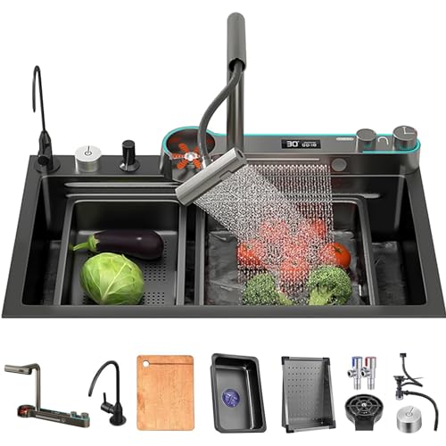 Kitchen Sink Black Stainless Steel Waterfall Kitchen Sink Multifunctional Digital Display Sink with New Dual Mode Faucet and Multiple Accessories (68x45x22CM)
