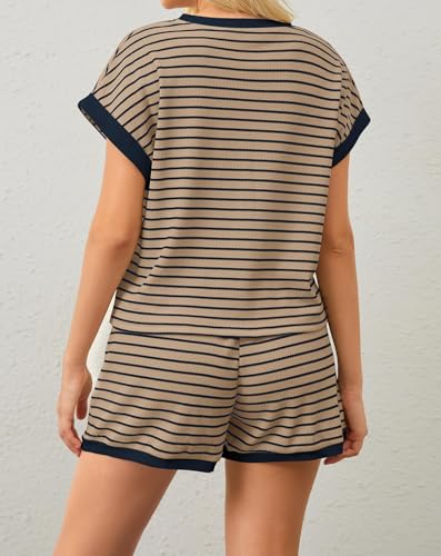 Image of Burtell Women Summer 2 Piece Lounge Sets Striped Short Sleeve Tee Shirts Mini Shorts Loungewear Shorts Set Ribbed Pajama Set
