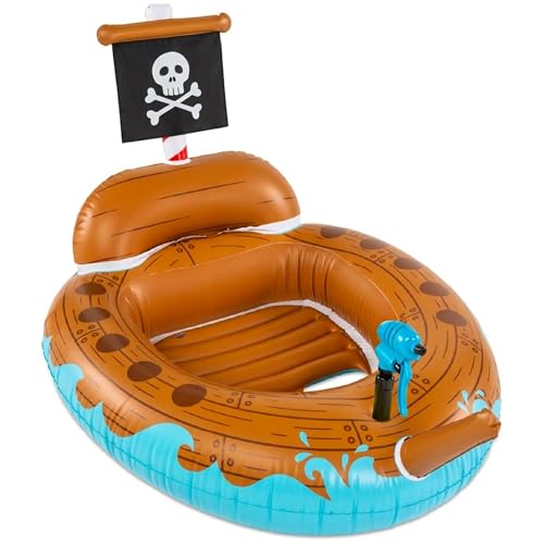 Pirate Ship Water Blaster Float, Inflatable Ride-On with Spray Gun for Kids, Outdoor Swim Toy