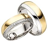 JC Trauringe Silber 925 Paarpreis Bicolor teilweise Gold Plattiert I Eheringe 7 mm breit I Partnerringe mit Gravur in edler Schatulle I 2 Hochzeitsringe Herrenring ohne & Damenring mit Steinen I JC013