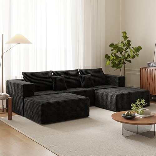 Image of 110 inch Modern Fabric Boneless Couch with Deep Seat, Sectional Couches for Living Room, Upholstered Cloud Sofa with 2 Ottoman, No Assembly Required (U Shaped Sofa)