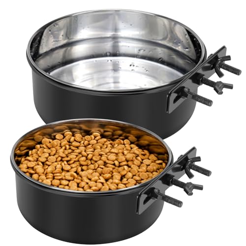 Dog Crate Water Bowl No Spill 2 Pack,Stainless Steel Dog Bowls for Food and Water, Pet Kennel Hanging Dogs Food Bowls for Medium/Large Dogs and Cats (7.1"x2.6" & 6.3"x2.6", Black)