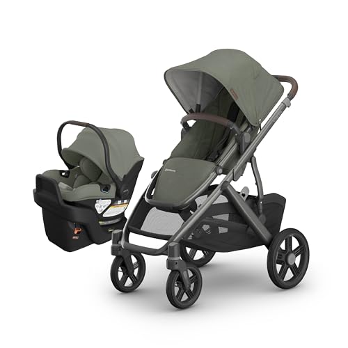 Image of UPPAbaby Vista V3 Stroller + Aria V2 Infant Car Seat Travel System Combo - Toddler Seat, Bumper Bar, Bug and Rain Shields, Car Seat Base, and Infant Insert Included - Evelyn (Meadow Green)