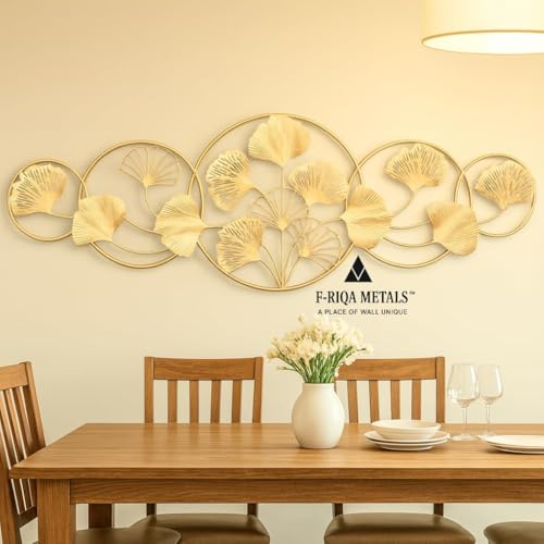Image of F-RIQA METAL A PALACE OF WALL UNIQUE Golden Leaf Metal Wall Art for Living Room - 3D Designer Ginkgo Leaf Wall Decor with Circular Frame, Luxury Handcrafted Metal Wall Hanging for Home, Bedroom, Office & Hotel Interiors, Elegant Contemporary Wall Decoration, Premium Statement Wall Art Gift