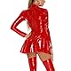 Moinha Damen Lederkleid Sexy Kurz PU Leder Kleid Langarm Wetlook Minikleid Ausgestellt Faltenrock Partykleid Nachtclub Kleid mit Vorne Reißverschluss Figurbetont Lack Leder Kleid Bodysuit Rot