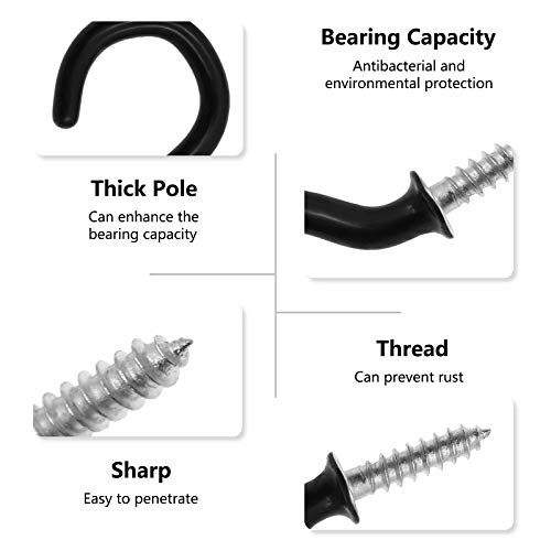 PHITUODA 50Pcs 1-Inch Cup Hooks Ceiling Hooks, Plastic-Covered Metal Screw-in Hooks, Black - Thumbnail 3