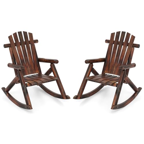 COSTWAY Adirondack Rocking Chair, Solid Wood Porch Rocker High Back Leisure Armchair, Traditional Outdoor Relax Deck Chairs for Garden, Patio, Balcony and Yard (2, Brown)