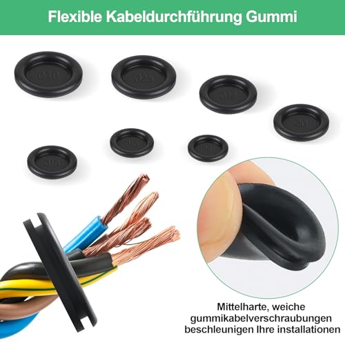 Sheryl&Rain 200 Stück Kabeldurchführung Gummi, 7 Größen Blindstopfen Gummitülle, Schwarz Gummistopfen Set, Wasserdicht Verschlussstopfen Gummi zum Schutz von Drähten, Kabel Stecker, Auto