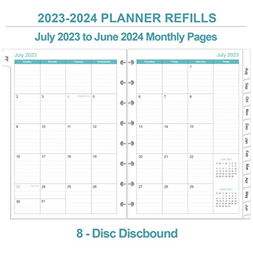 2023-2024 Weekly & Monthly Planner Refill, 8-Disc Discbound 2023-2024 Refill Planner, Runs From July 2023 To June 2024, Junior Size, 5-1/2" X 8-1/2", Green Leaf #TOP2