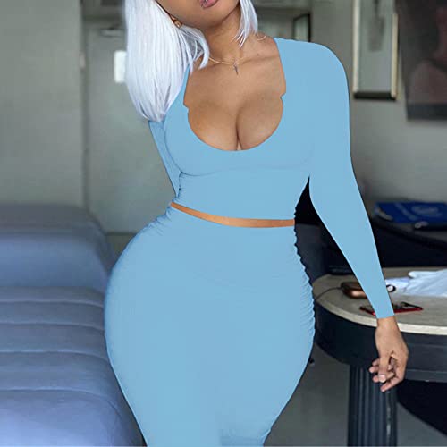 Image of Women Sexy Two Piece Skirt Outfits Long Sleeve /Sleeveless V Neck Bodycon Ribbed Knitted Maxi Club Party Dress