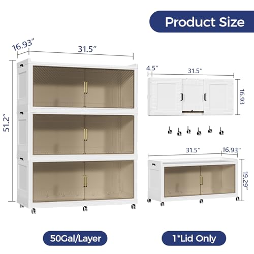Image of 150 Gallon Extra Large Collapsible Storage Bin with Lid, 960QT Stackable Plastic Organizer with 6x Wheels, Foldable Drawer Cabinet for Closet, Living Room Office, Kitchen 3Pack, White