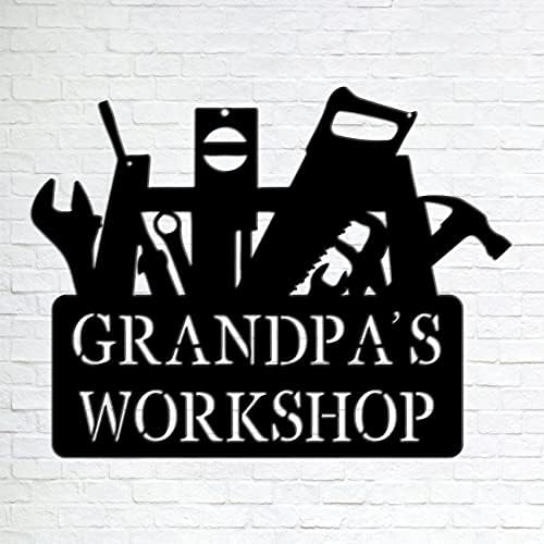 Custom Grandpa’s Workshop Metal Sign Chainsaw Wrench Hammer for Garage Workshop Auto Repair Shop Department Husband Pop Dad Gift for Handyman Monogram Signs Office Front Door Black 12"
