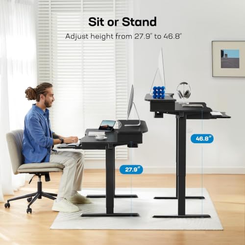 Image of HUANUO 55 inch x 26 inch Electric Standing Desk, 2 Drawers & Keyboard Tray, Black | Ergonomic Desk with 2 Drawers: 27.9 inch-46.8 inch electric lifting. 26.7 inch keyboard tray & C-clamp mount top maximize workspace