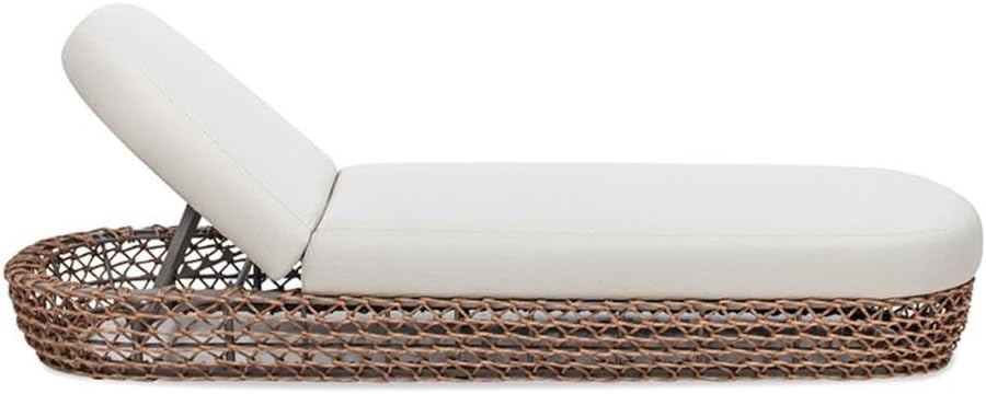 Pemberly Row Contemporary Woven Patio Lounger, 80.5" Upholstered Axroma Olefin, Beige Finish, Adjustable Backrest, Weather-Resistant, Sturdy Outdoor Chaise Lounge for Deck, Poolside, or Patio