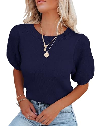 Image of Womens Short Sleeve Sweaters Crewneck Knit Pullover Tops 2025 Summer Casual Lightweight Crochet Blouse Shirt