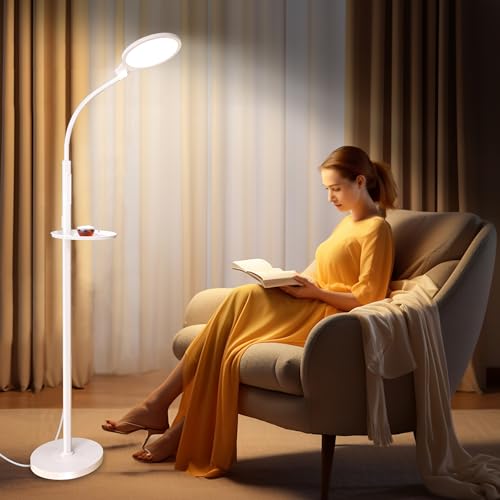 Light Therapy Floor Lamp, Dimmable 11000 Lux UV-Free LED Sunlight Lamp with Tray, 2-in-1 Floor & Desk Adjustable Height Full Spectrum Happy Therapy Light with Remote Timer for Reading Home Office
