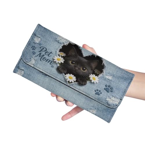 Image of AFPANQZ Funny Black Cat Womens Wallets Leather Trifold Multi Card Holder Slots Wallet, Elegant Clutch Phone Holder Zip Inner Pocket Multi-Cards Slots Large Travel Wallet