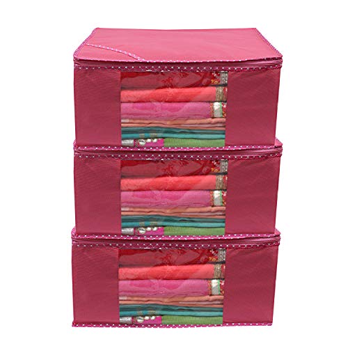 Kuber Industries 3 Piece Non Woven Saree Cover Set, Pink,Large Size -Ctktc6416